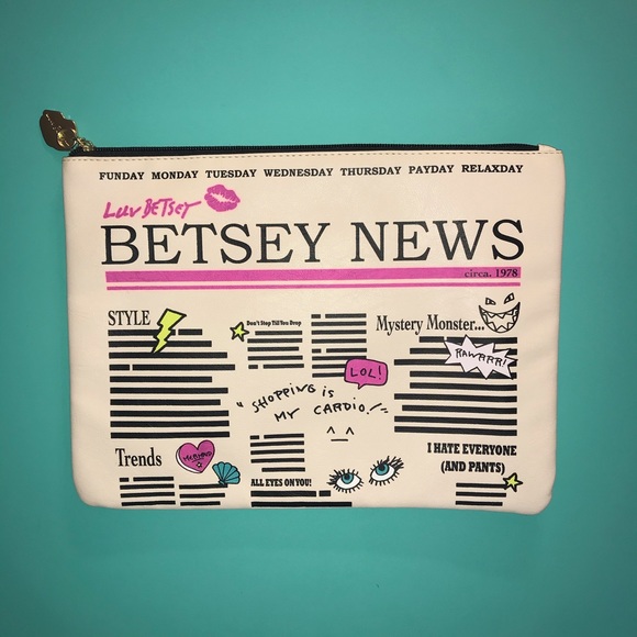 Betsey Johnson Pouch NYC Newspaper Print Pink - Picture 9 of 13